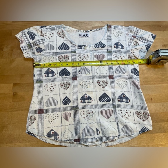 Vintage M.W.C. Patchwork Heart Button Down Short Sleeve Shirt Round Neck Medium - Picture 6 of 8